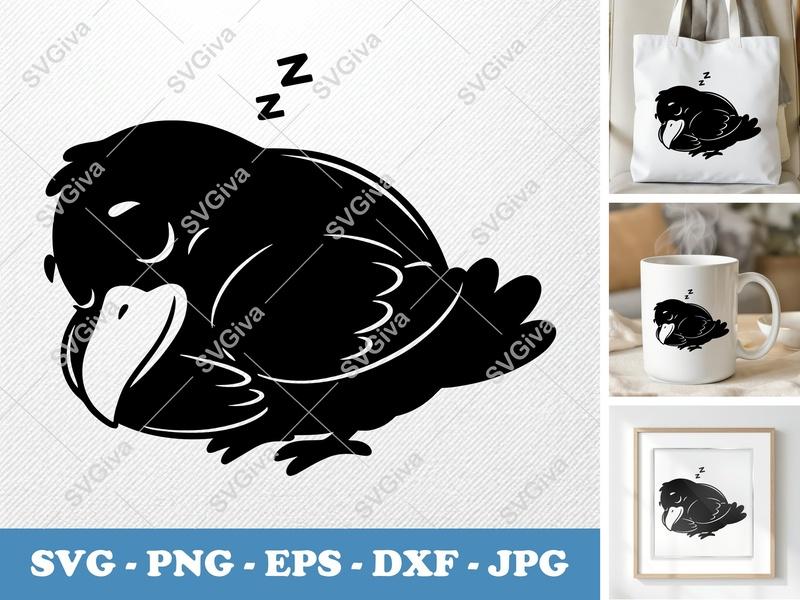 Raven Sleeping SVG | Puffy Cartoon Cut File | PNG DXF EPS | Cricut Silhouette | Cute Bird Vector