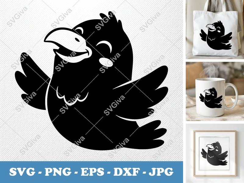 Raven Smiling Happily SVG PNG DXF EPS | Cute Bird Cut File for Cricut Silhouette Projects
