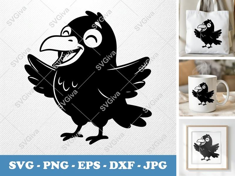 Raven Smiling Happily SVG | Puffy Cartoon Bird Cut File | Inflated Style PNG DXF EPS for Cricut Silhouette
