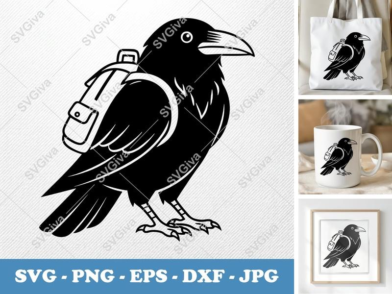 Raven SVG, Backpack Crow Cut File, Modern Bird Silhouette, PNG EPS DXF for Cricut & Silhouette