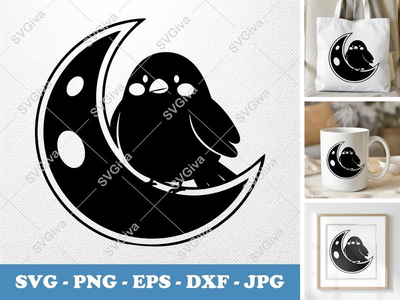 Raven SVG | Cute Bird on Moon | Modern Clean Design | PNG EPS DXF for Cricut & Silhouette