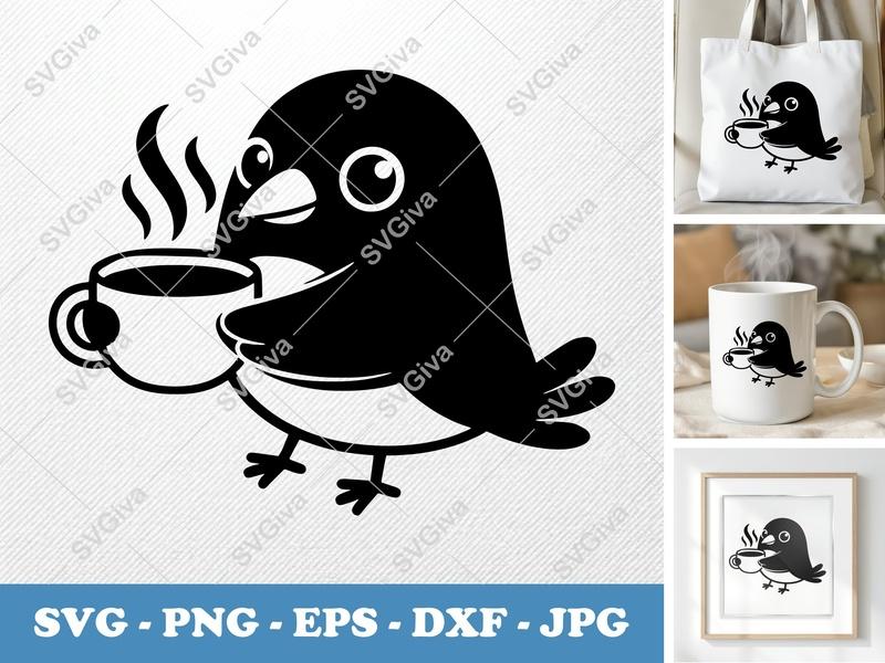 Raven SVG | Cute Bird with Coffee Cup, Modern Clean Design, PNG EPS DXF | Cricut Silhouette File