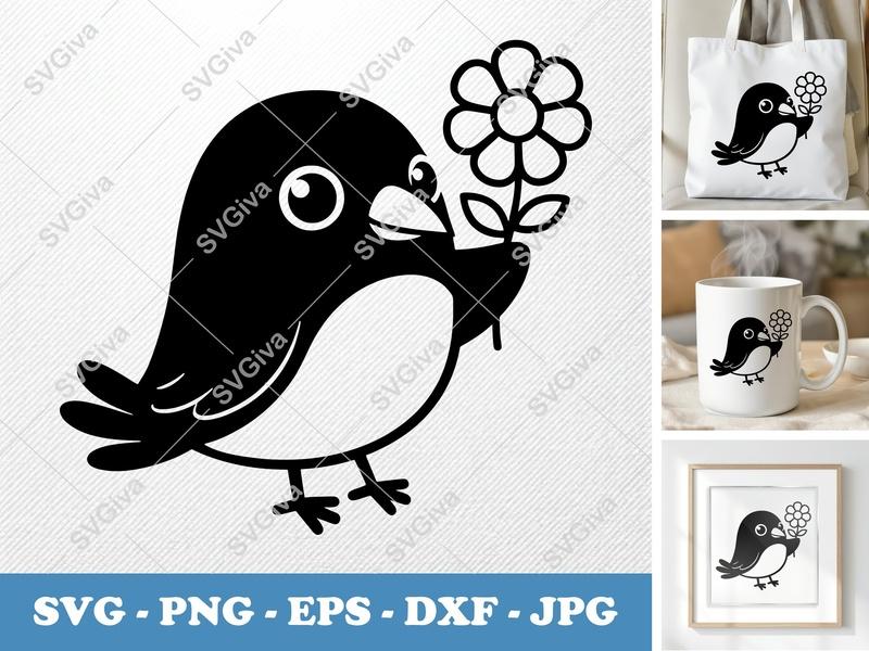 Raven SVG | Cute Bird with Flower, Modern Clean Design | PNG EPS DXF for Cricut & Silhouette