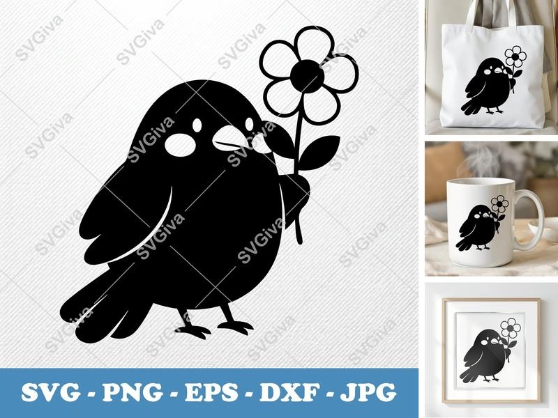 Raven SVG, Cute Bird with Flower, Modern Clean Design, PNG EPS DXF for Cricut & Silhouette