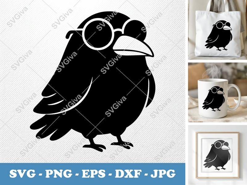Raven SVG, Cute Bird with Glasses, Funny Crow Clipart, PNG EPS DXF Cut File for Cricut Silhouette