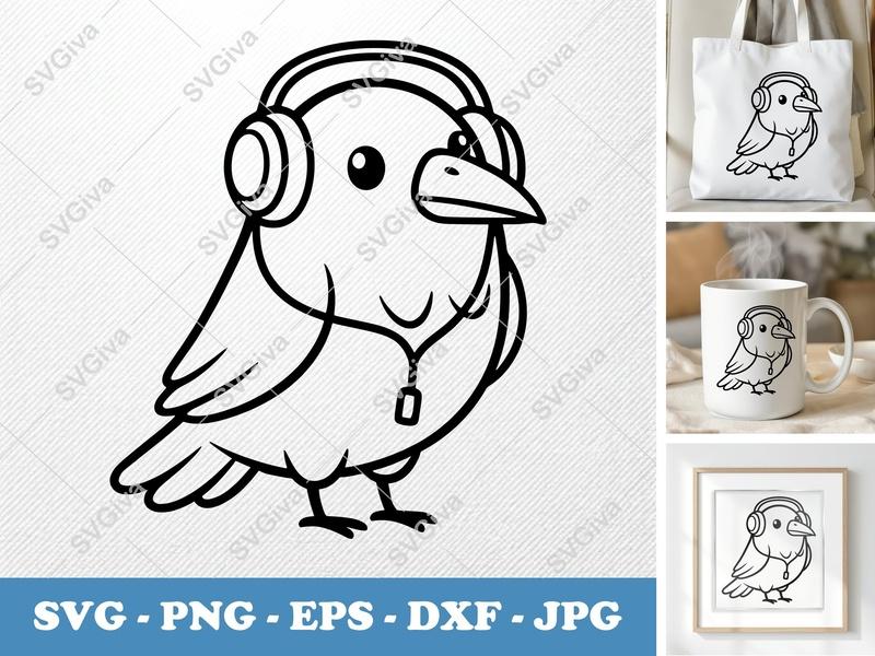 Raven SVG | Cute Bird with Headphones | Modern Music Lover Animal PNG EPS DXF for Cricut & Silhouette