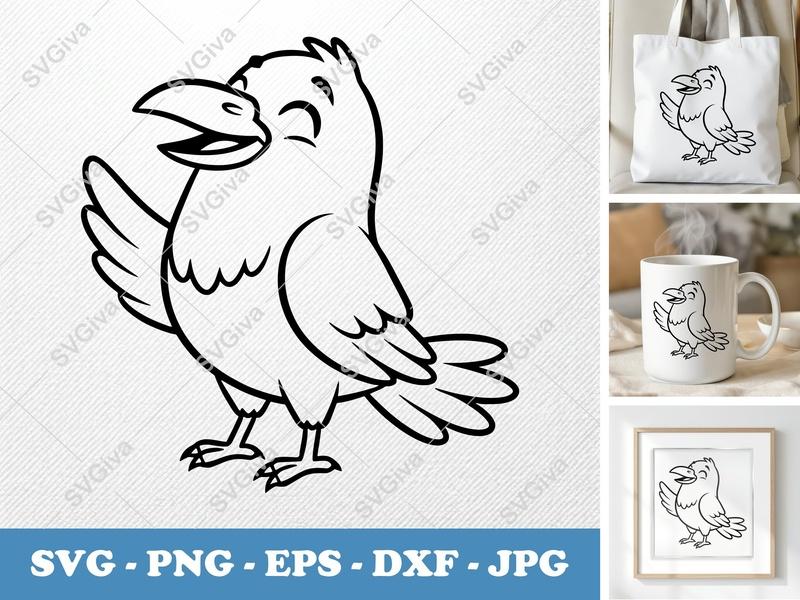 Raven SVG | Cute Cartoon Bird Cut File | Happy Crow PNG EPS DXF for Cricut, Silhouette