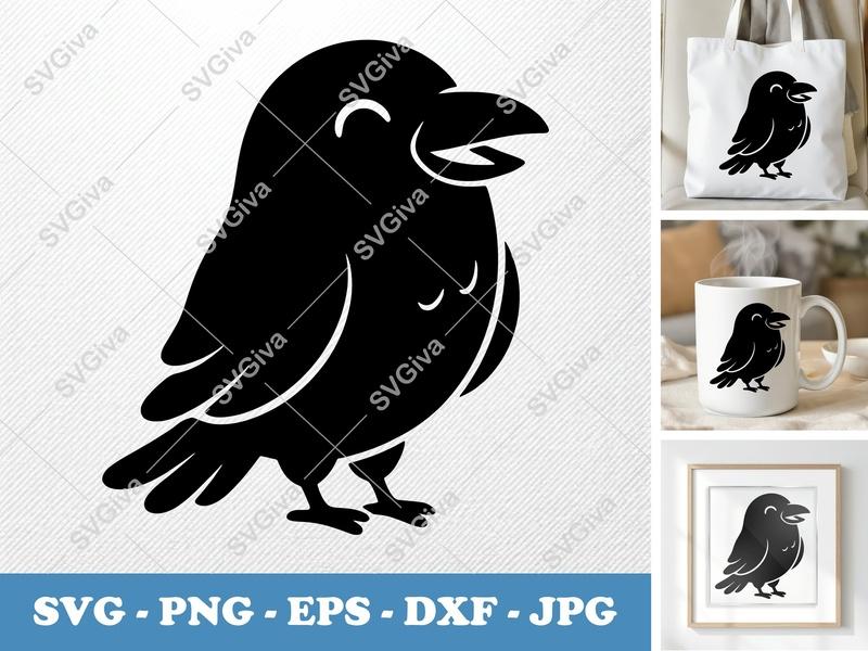 Raven SVG | Cute Cartoon Bird Cut File | Happy Crow PNG, EPS, DXF for Cricut & Silhouette, Modern Animal Vector