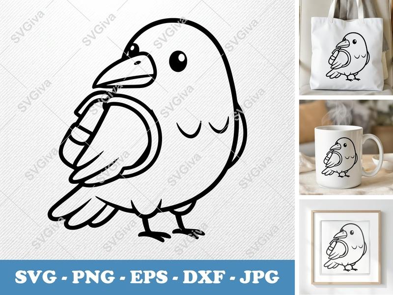 Raven SVG, Cute Cartoon Bird Line Art, Kawaii Crow, Digital Download PNG EPS DXF for Cricut & Silhouette