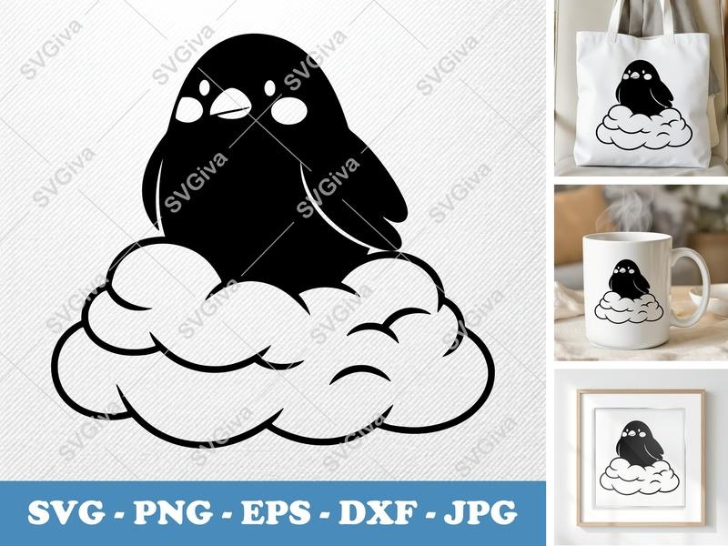 Raven SVG | Cute Chibi Bird on Cloud | Kawaii Animal SVG, PNG, EPS, DXF for Cricut, Silhouette