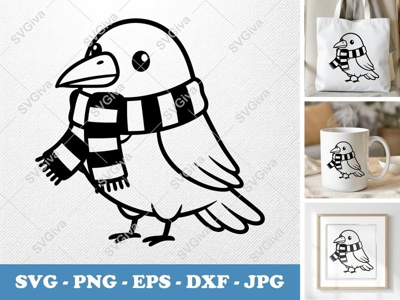 Raven SVG, Cute Crow with Scarf PNG EPS DXF, Cartoon Bird Clipart for Cricut, Silhouette Cut File, Winter Animal Design