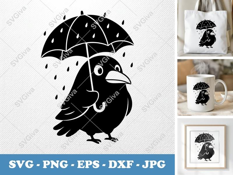 Raven SVG | Cute Crow with Umbrella & Raindrops | PNG EPS DXF for Cricut & Silhouette, Bird Clip Art