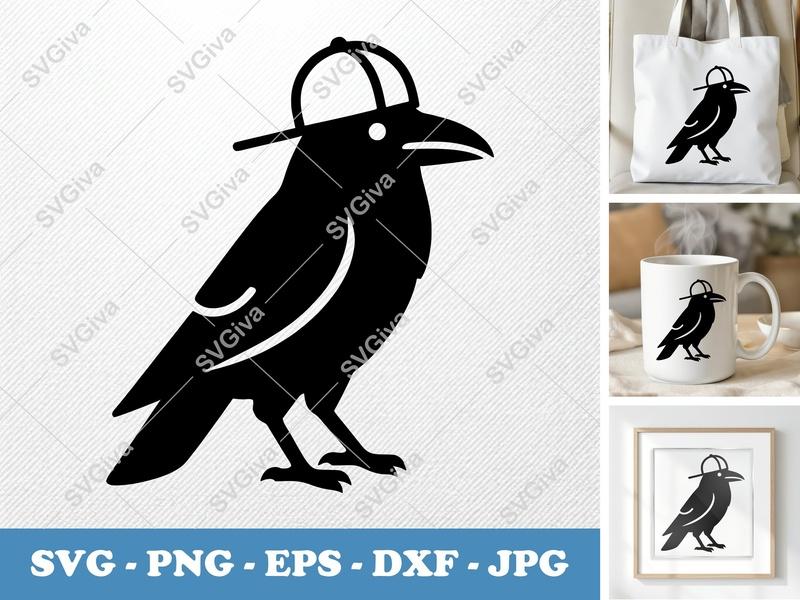 Raven SVG, Modern Bird with Hat Cut File, Crow PNG EPS DXF for Cricut & Silhouette, Digital Download Clipart
