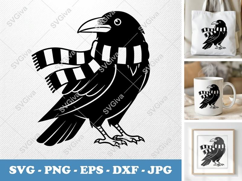 Raven SVG, Modern Bird with Scarf, Crow Clipart | PNG EPS DXF Cut File for Cricut, Silhouette, Vector Art