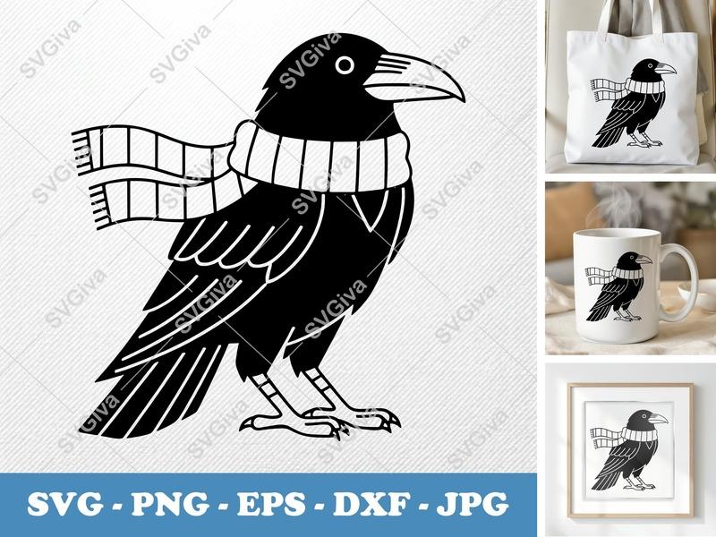 Raven SVG | Scarf Bird Cut File | Modern Clean Crow | PNG EPS DXF for Cricut Silhouette Designs