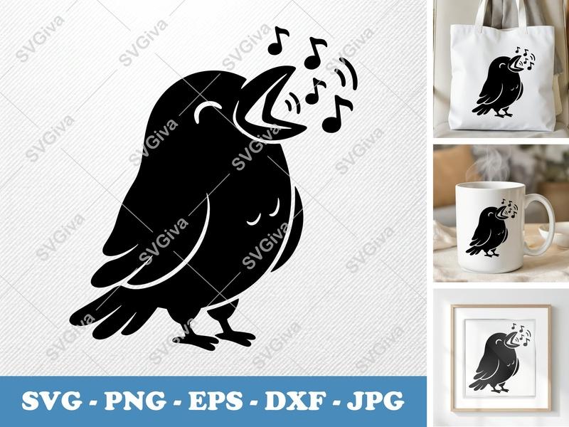 Raven SVG, Singing Bird Cut File, Music Notes PNG, EPS, DXF | Cricut, Silhouette | Modern Crow Clipart Vector