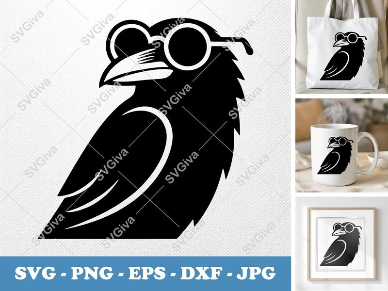 Raven SVG, Smart Bird with Glasses | Modern Crow PNG EPS DXF Cut File for Cricut, Silhouette, Vector Clipart