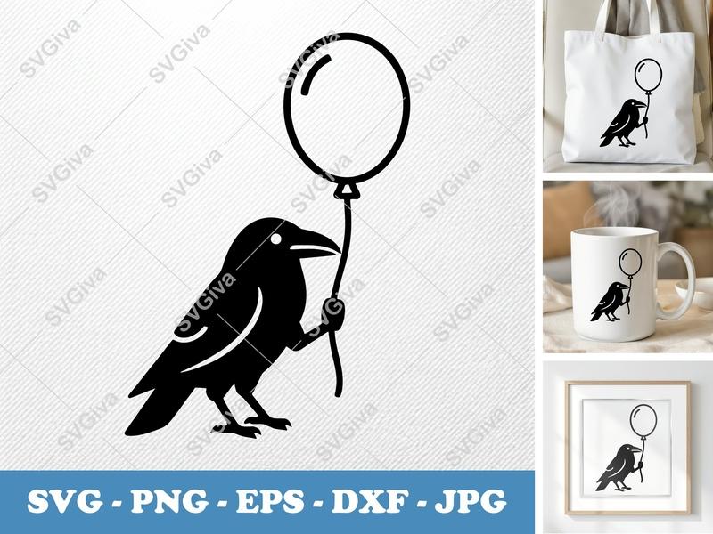 Raven SVG with Balloon | Modern Crow Cut File, PNG EPS DXF | Cricut Silhouette Design, Bird Clipart