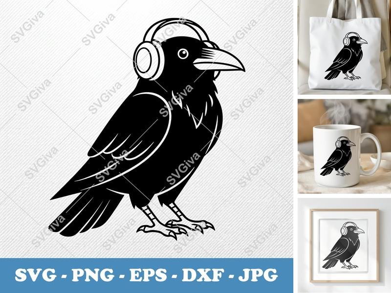Raven SVG with Headphones | Modern Crow Cut File, Music Bird Vector, PNG EPS DXF for Cricut, Silhouette