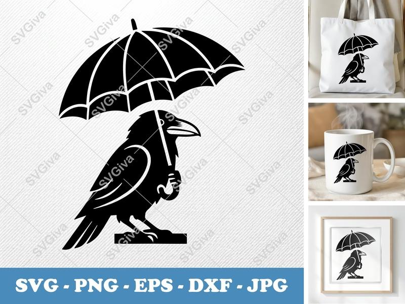 Raven SVG with Umbrella | Modern Crow Cut File | PNG EPS DXF | Cricut Silhouette Design | Bird Clipart
