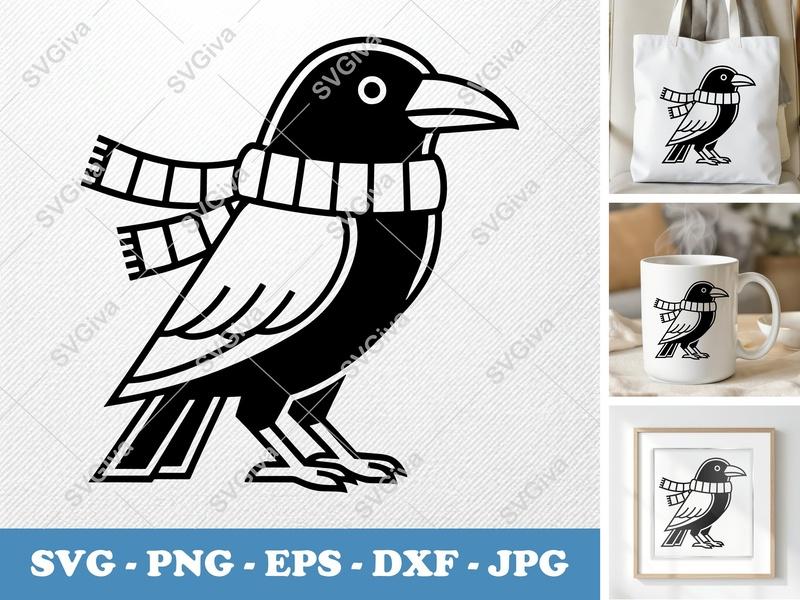 Raven wearing a Scarf SVG | Double-Outline Geometric Vector | Thick Contour Thin Lines | PNG DXF EPS | Cricut Silhouette File