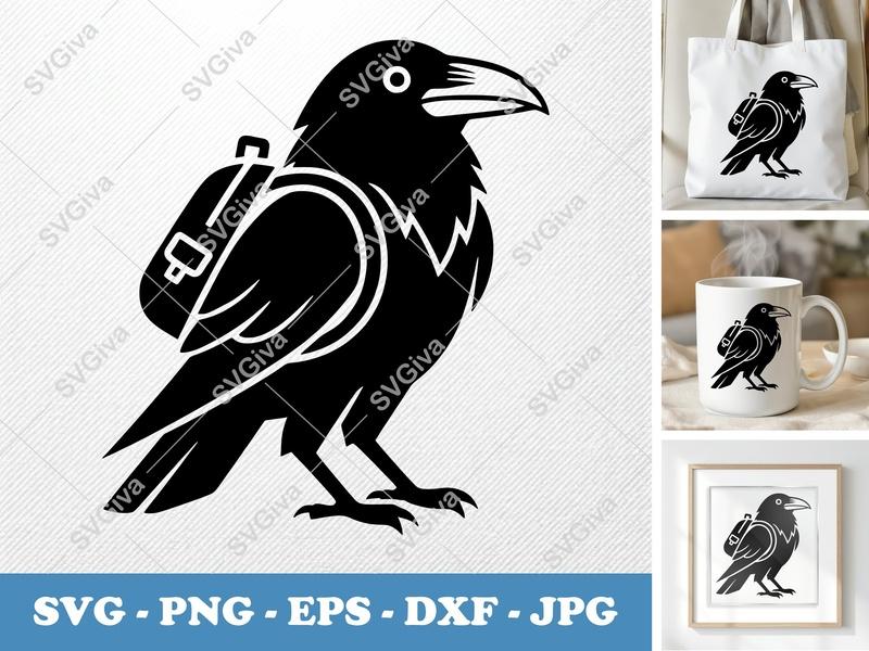 Raven wearing backpack SVG | Bold Minimalist Vector Cut File | PNG DXF EPS for Cricut Silhouette