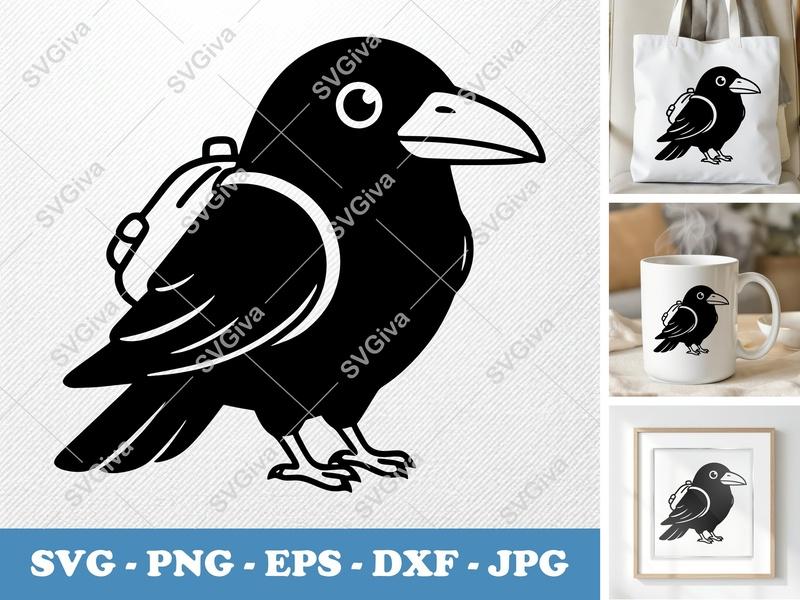 Raven wearing backpack SVG PNG DXF EPS | Bird Cut File for Cricut Silhouette