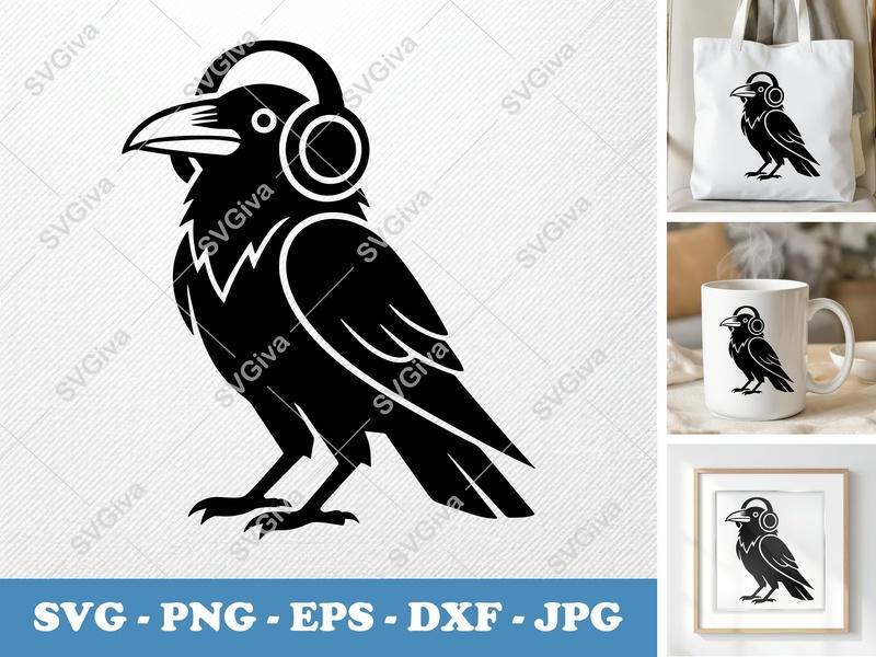 Raven Wearing Headphones SVG | Bold Contour Minimalist Design | PNG DXF EPS | Cricut Silhouette File