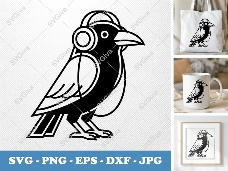 Raven Wearing Headphones SVG | Double-Outline Minimalist Cut File | Thick Contour PNG DXF EPS | Cricut Silhouette Design