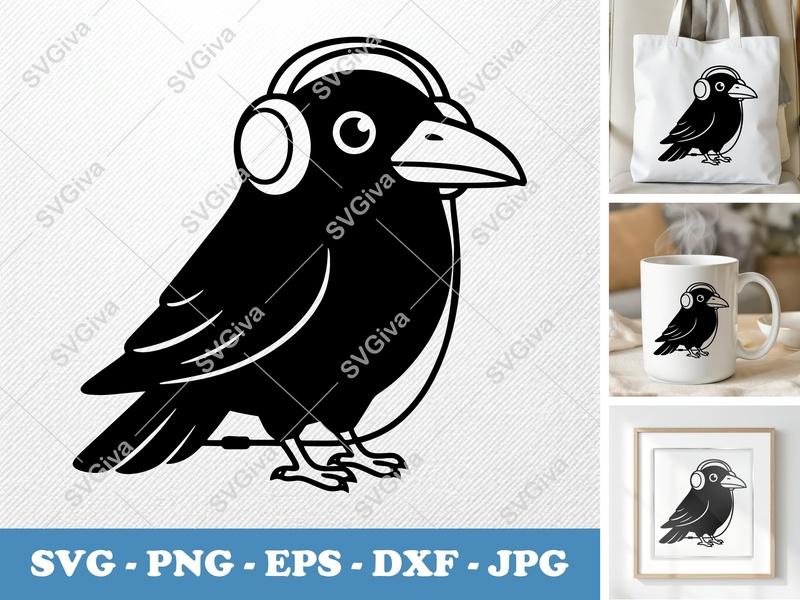 Raven Wearing Headphones SVG PNG DXF EPS | Music Bird Cut File for Cricut Silhouette