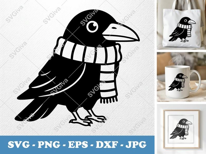 Raven Wearing Scarf SVG PNG DXF EPS | Bird Cut File Cricut Silhouette Winter