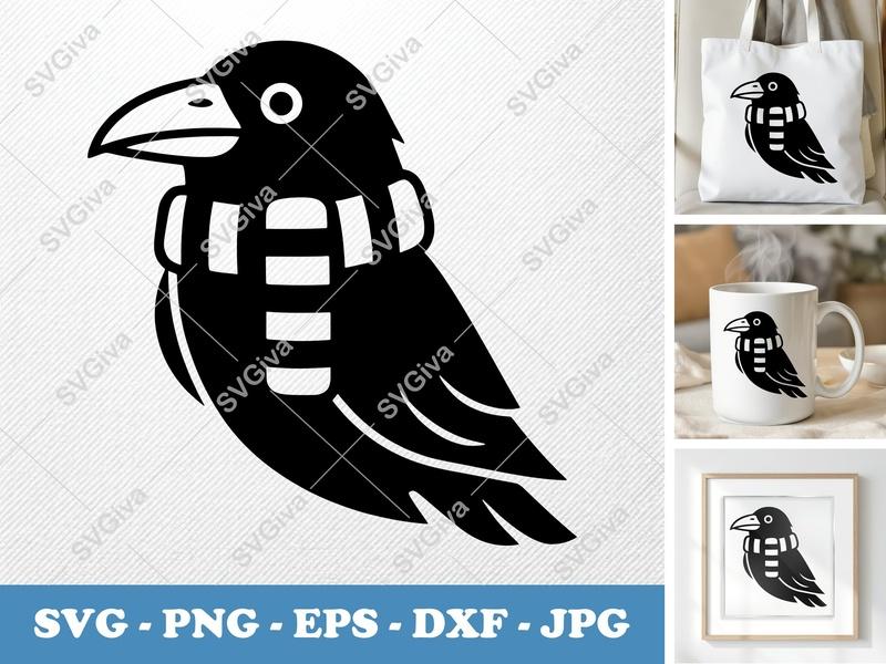 Raven Wearing Scarf SVG | Puffy Pillow-Soft Cartoon Design | PNG DXF EPS | Cricut Silhouette File