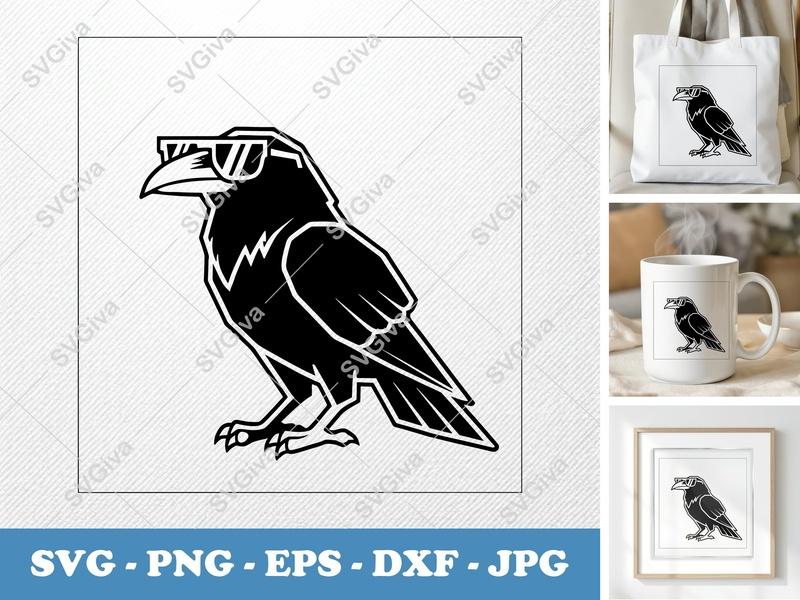 Raven Wearing Sunglasses SVG | Double-Outline Geometric Bird Cut File | Thick Contour Minimalist Design | PNG DXF EPS | Cricut Silhouette
