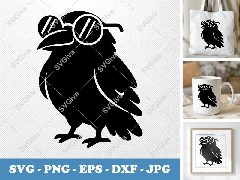 Raven Wearing Sunglasses SVG | Puffy Soft Forms | PNG DXF EPS | Cricut Silhouette Cut File