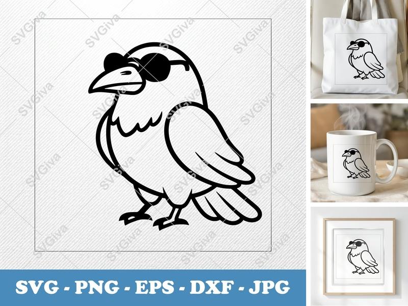 Raven Wearing Sunglasses SVG | Puffy Soft Shapes | Inflated Look | PNG DXF EPS | Cricut Silhouette File
