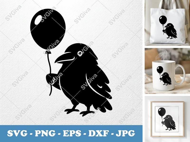 Raven with Balloon SVG | Puffy Soft Shapes | Inflated Pillow Art | PNG DXF EPS | Cricut Silhouette File
