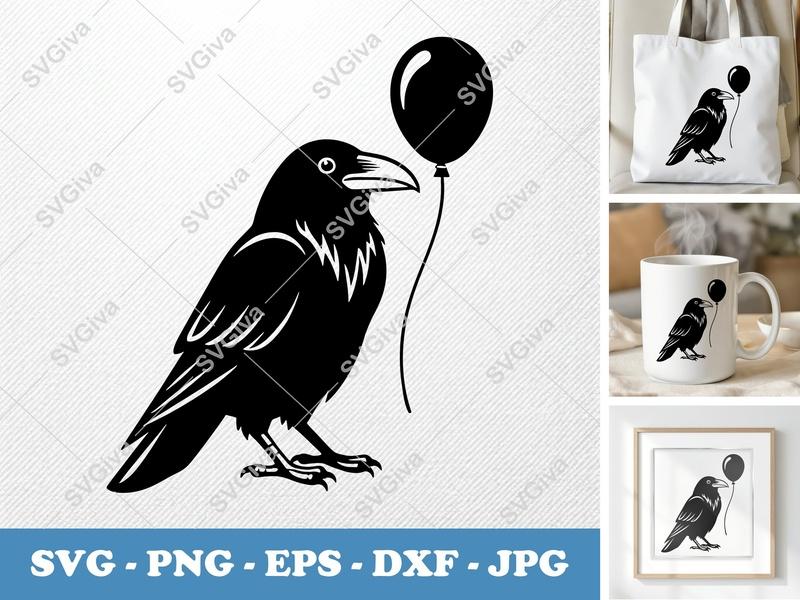 Raven with Balloon SVG | Simple Character Vector Cut File | PNG DXF EPS | Cricut Silhouette Design | Bold Contour Bird Art