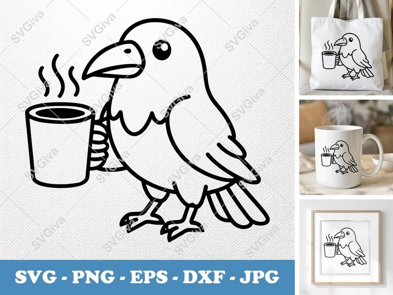 Raven with Coffee Cup SVG | Friendly Bean-Shaped Design | PNG DXF EPS | Cricut Silhouette Cut File