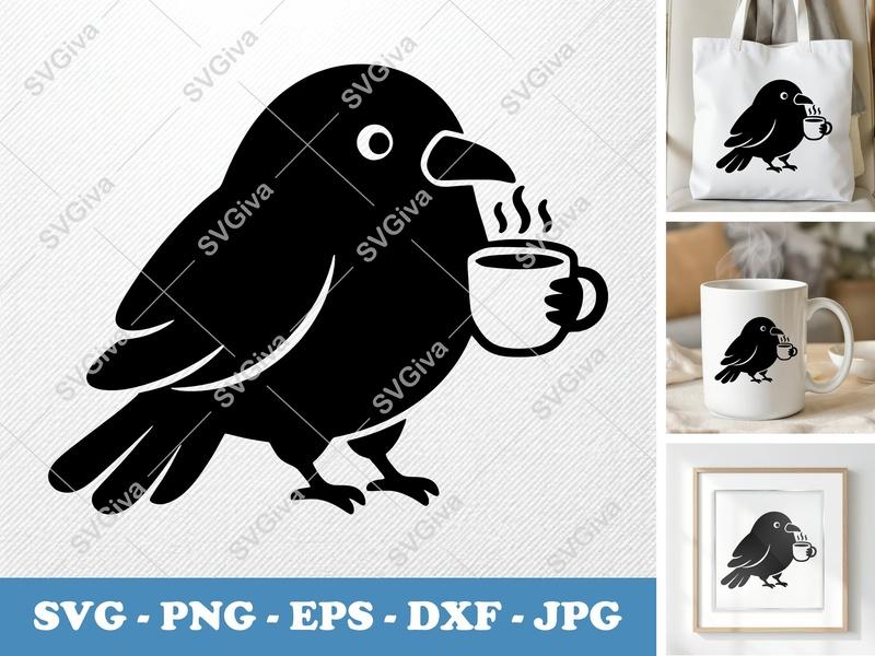 Raven with Coffee Cup SVG | Puffy Cartoon Design | Inflated Shape PNG DXF EPS | Cricut Silhouette File