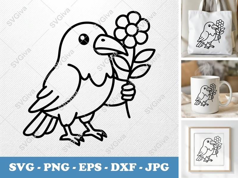 Raven with Flower SVG | Friendly Rounded Bean-Shaped Cut File | PNG, DXF, EPS for Cricut, Silhouette
