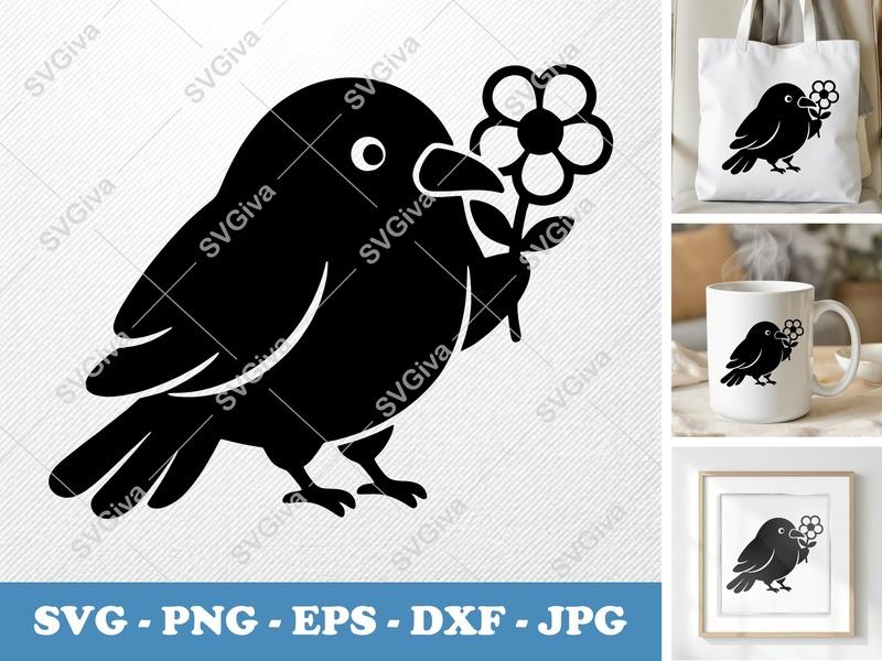 Raven with Flower SVG | Puffy Soft Shapes | Inflated Pillow Look | PNG DXF EPS | Cricut Silhouette Cut File