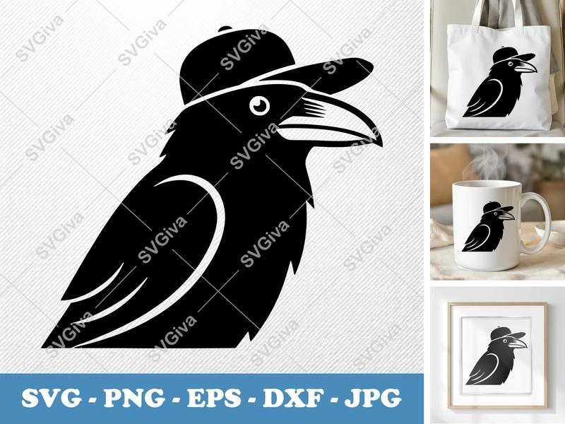 Raven with Hat SVG, Modern Crow Cut File, PNG EPS DXF for Cricut, Silhouette, Bird Clipart, Digital Download