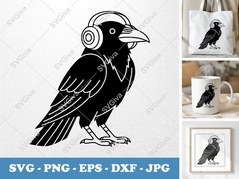 Raven with Headphones SVG | Modern Bird PNG, EPS, DXF Cut File for Cricut & Silhouette, Music Lover Design
