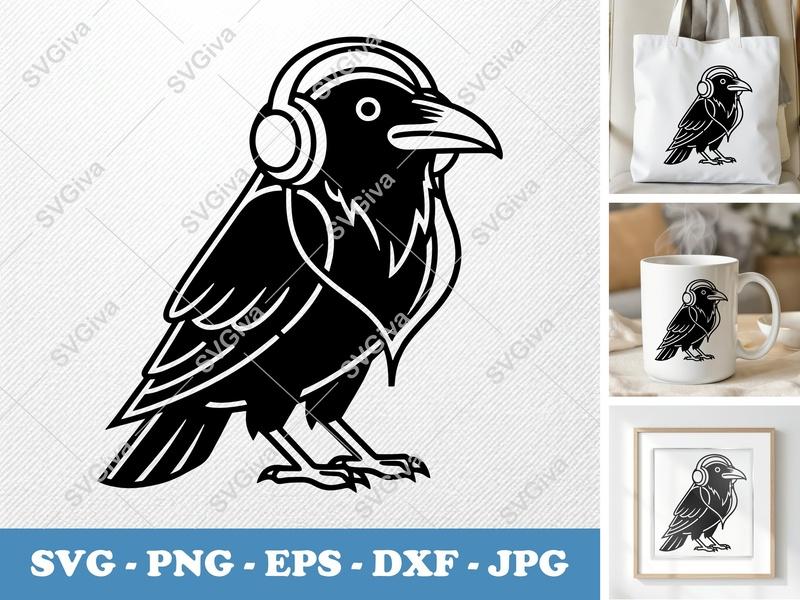 Raven with Headphones SVG, PNG, EPS, DXF | Music Bird Cut File for Cricut, Silhouette | Modern Crow Clipart