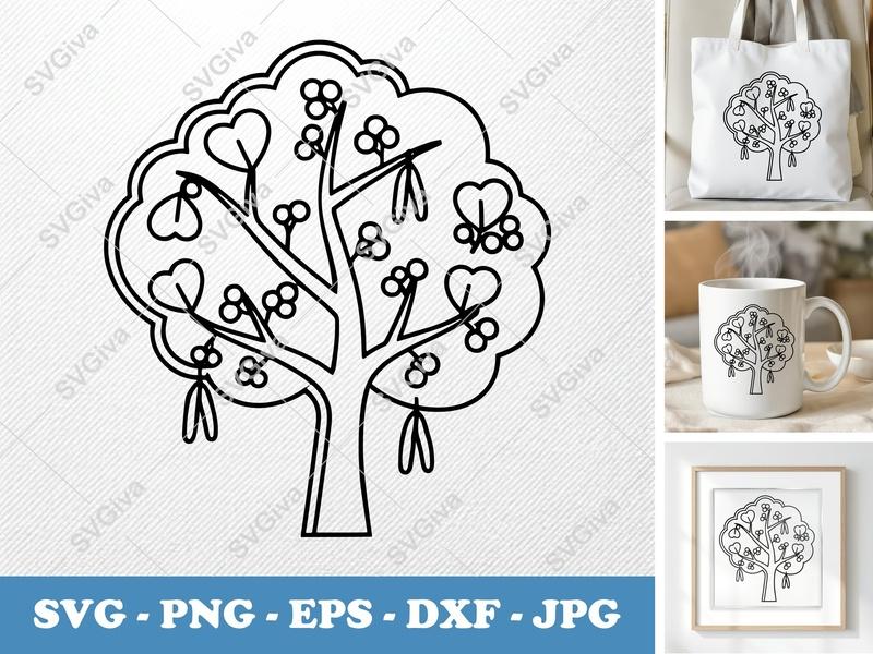 Redbud Tree alone SVG Double Outline, Simple Tree Line Art, Heart Leaves, Berries, SVG PNG EPS DXF for Cricut Silhouette