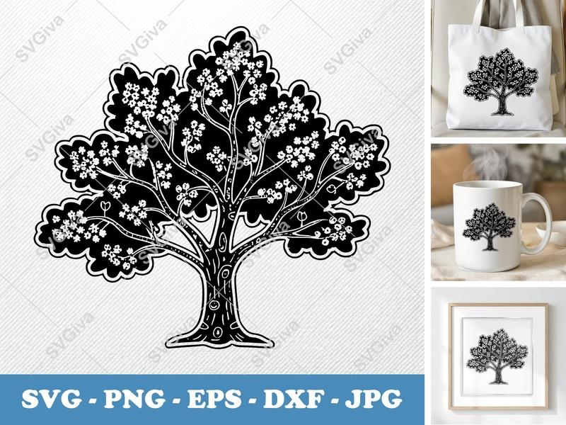 Redbud Tree alone SVG, Solid Black Fill with White Outline, Flowering Tree, Nature, PNG EPS DXF for Cricut Silhouette