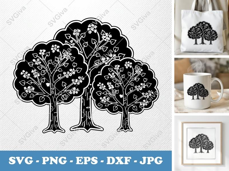 Redbud Tree in a group SVG | Solid Black Fill, White Contour Line | PNG EPS DXF | Cricut Silhouette Cut File