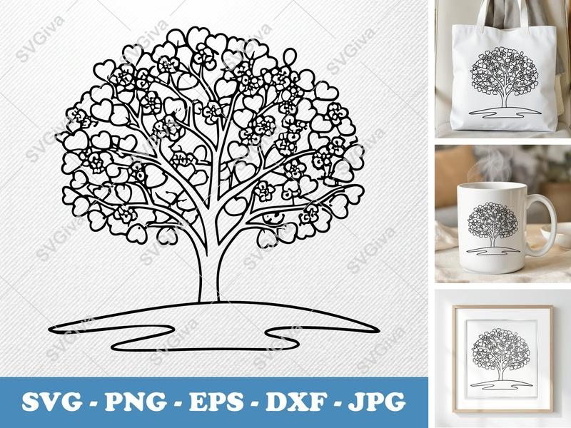 Redbud Tree on a piece of land SVG | Bold Contour Heart Leaves Flowers | PNG EPS DXF Cricut Silhouette Cut File