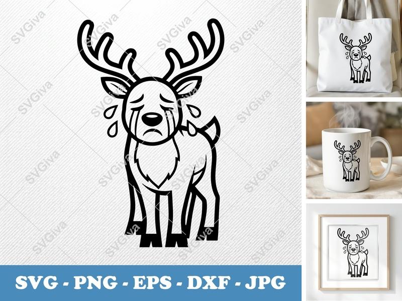 Reindeer Crying SVG | Double-Outline Minimalist Design | PNG DXF EPS | Cricut Silhouette File