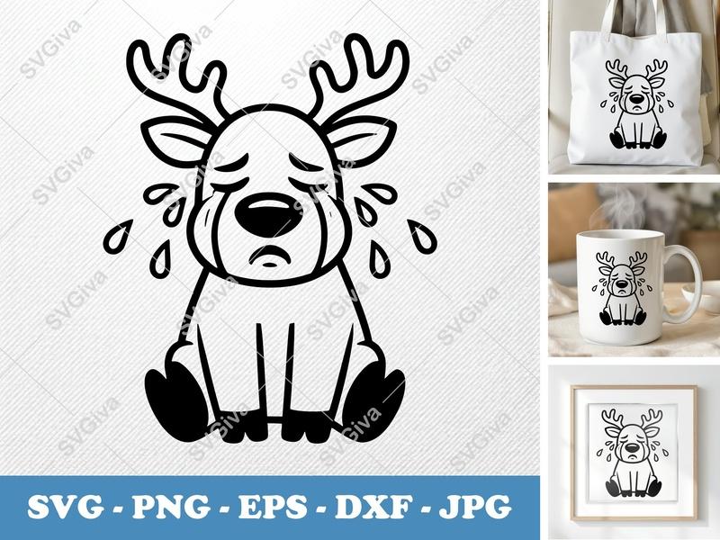 Reindeer Crying SVG | Rounded, Friendly Bean-Shaped Design | PNG, DXF, EPS | Cricut & Silhouette Cut File